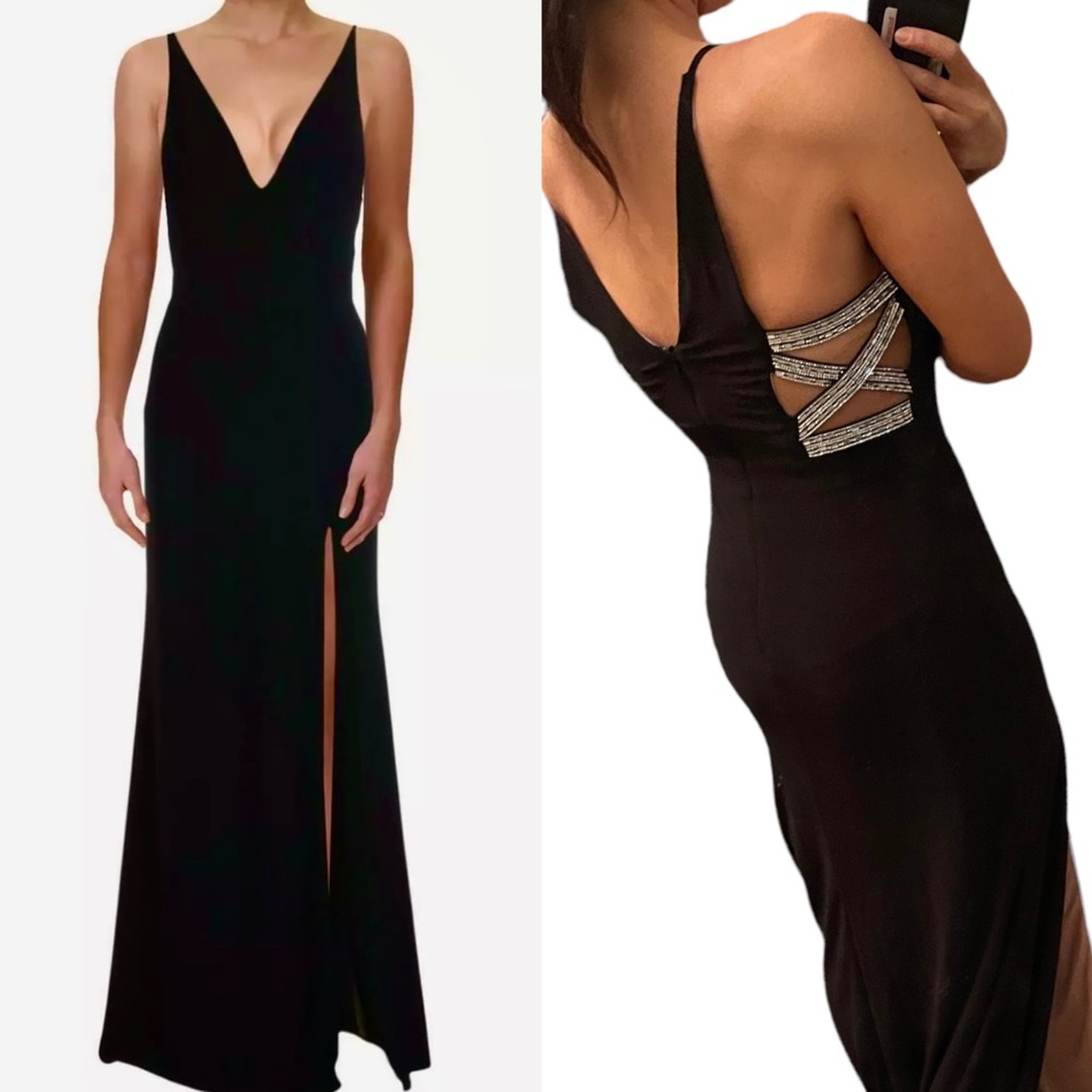 NEW AVERY G High Slit Black Evening Formal Gown Dress Embellished Crystals Back